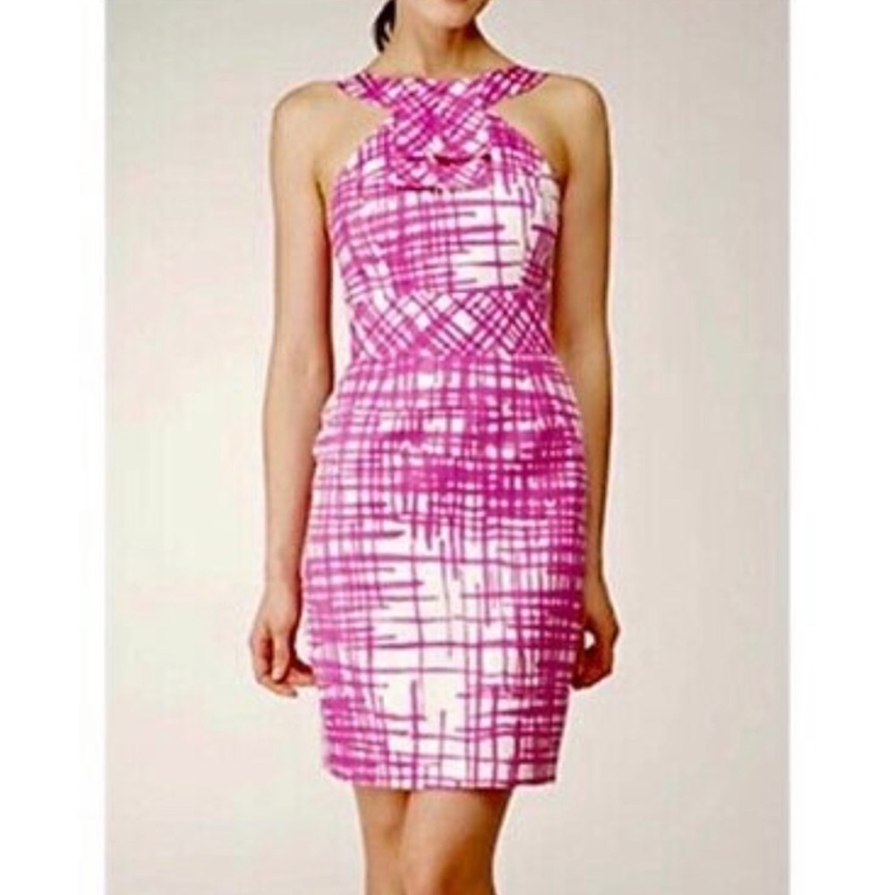 EUC Trina Turk  Allegra Watercolor Pink Bow Cocktail Halter Dress Made in USA 6 